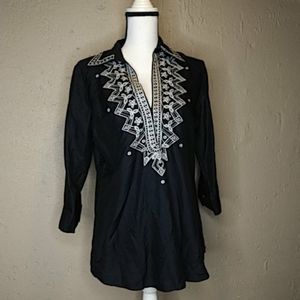 Talbots Navy V-Neck Tunic White Embroidery Sz. S
